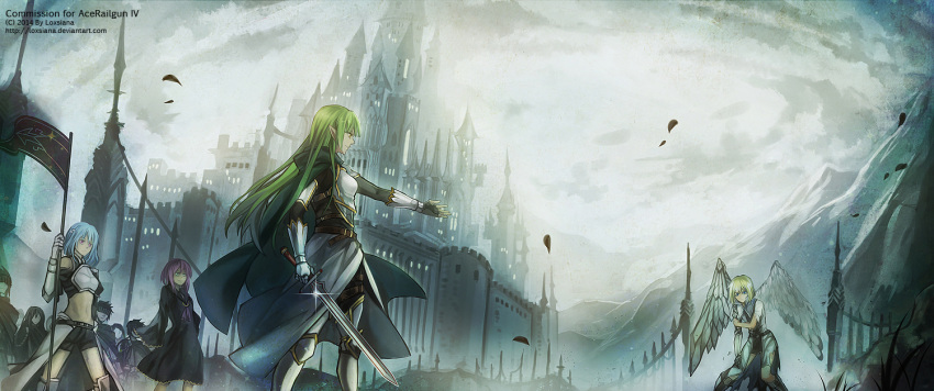 2014, alpha_(acerailgun), angel, angel_wings, armor, asymmetrical_wings, banner, blonde_hair, blue_eyes, blue_hair, borrowed_character, cape, cassie_(acerailgun), castle, city, clouds, cloudy_sky, dress, feathered_wings, feathers, gauntlets, ghost, glint, greaves, green_eyes, green_hair, hand_on_own_arm, isabelle_(acerailgun), knight, leaf, mechanical_arm, mechanical_wings, midriff, navel, original, outdoors, outstretched_arm, pink_eyes, pointy_ears, purple_hair, robot_girl, rynn_(acerailgun), sayoko00, short_shorts, shorts, side_slit, sky, sword, torn_clothes, watermark, weapon, web_address, wings, yellow_eyes