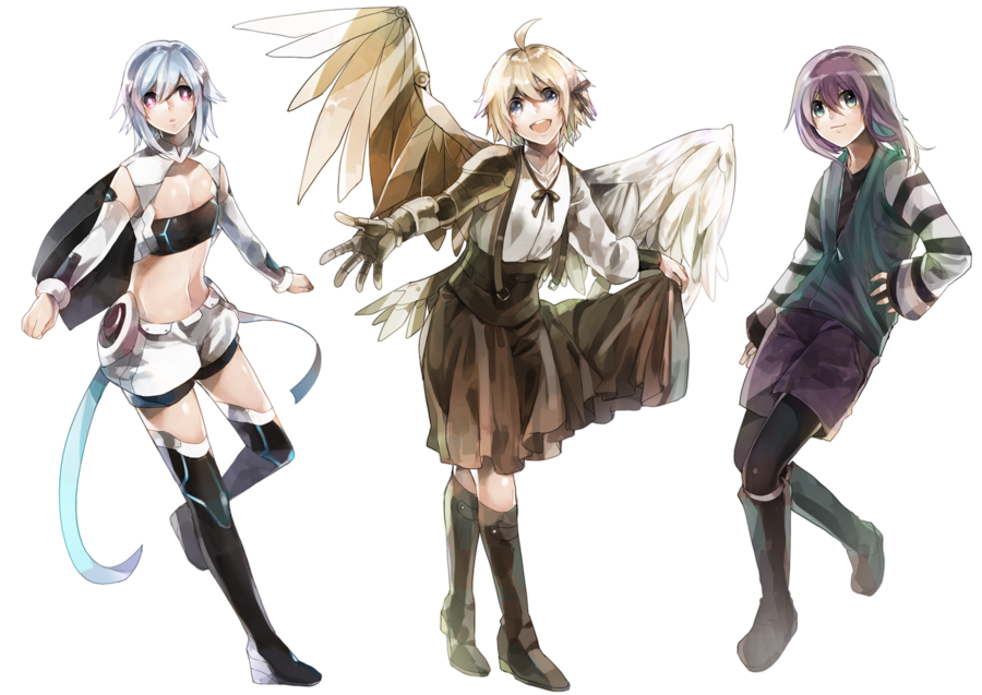 3girls, :d, ahoge, allenkung1, alpha_(acerailgun), angel, angel_wings, asymmetrical_wings