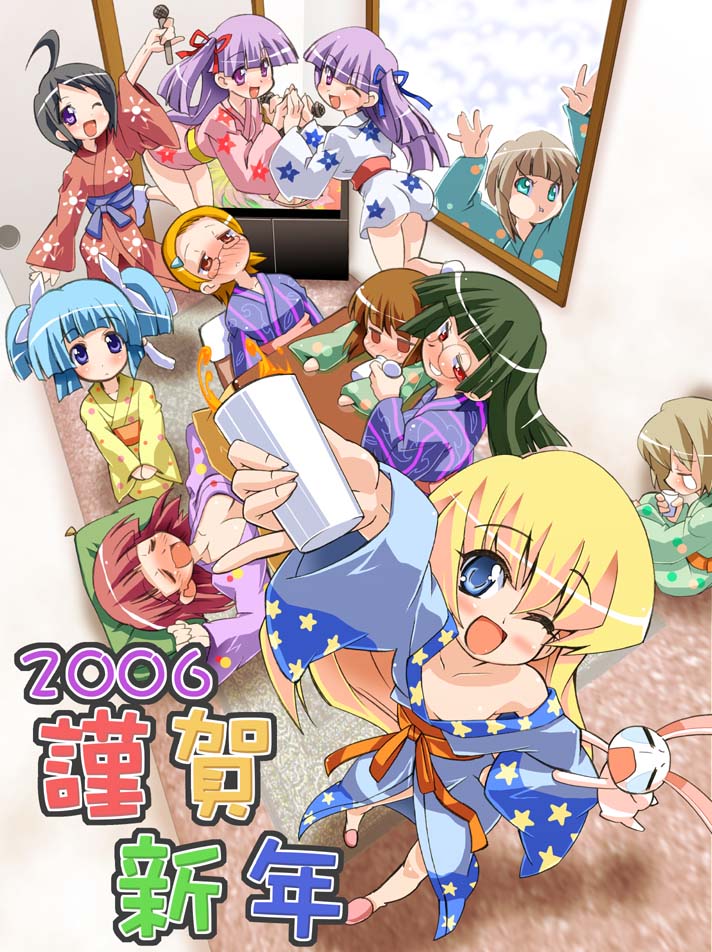 6+girls, ahoge, aqua_eyes, black_hair, blonde_hair, blue_eyes, blue_hair, blush