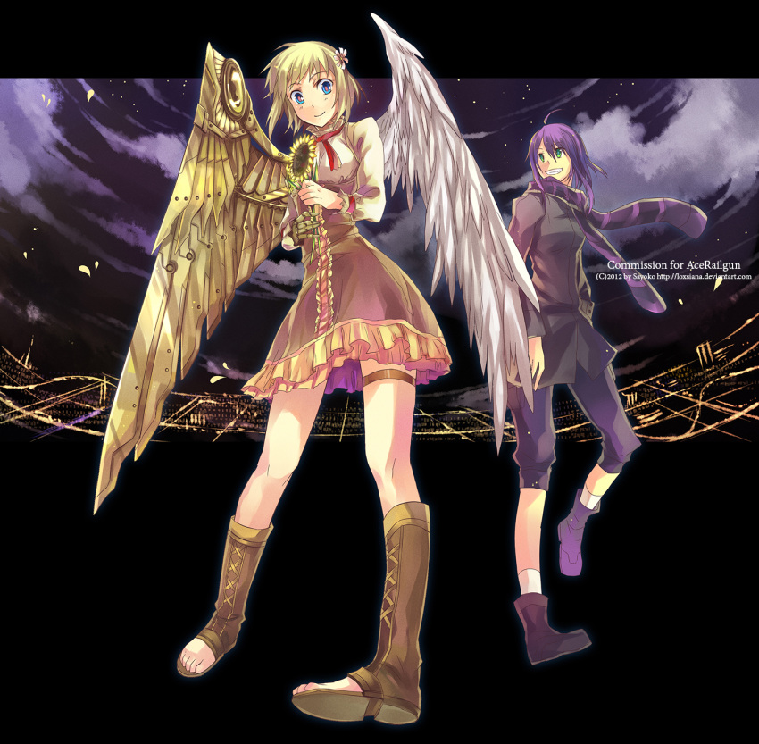 2012, 2girls, ahoge, angel, angel_wings, artist_name, asymmetrical_wings, blonde_hair, blue_eyes, boots, borrowed_character, breasts, cassie_(acerailgun), clouds, cyborg, dress, feathered_wings, flower, full_body, ghost, green_eyes, grin, hair_flower, hair_ornament, hand_in_pocket, highres, holding, holding_flower, isabelle_(acerailgun), letterboxed, long_sleeves, mechanical_arm, mechanical_wings, multiple_girls, original, petals, purple_hair, sayoko00, scarf, sky, smile, striped, striped_scarf, sunflower, toeless_boots, watermark, web_address, wings