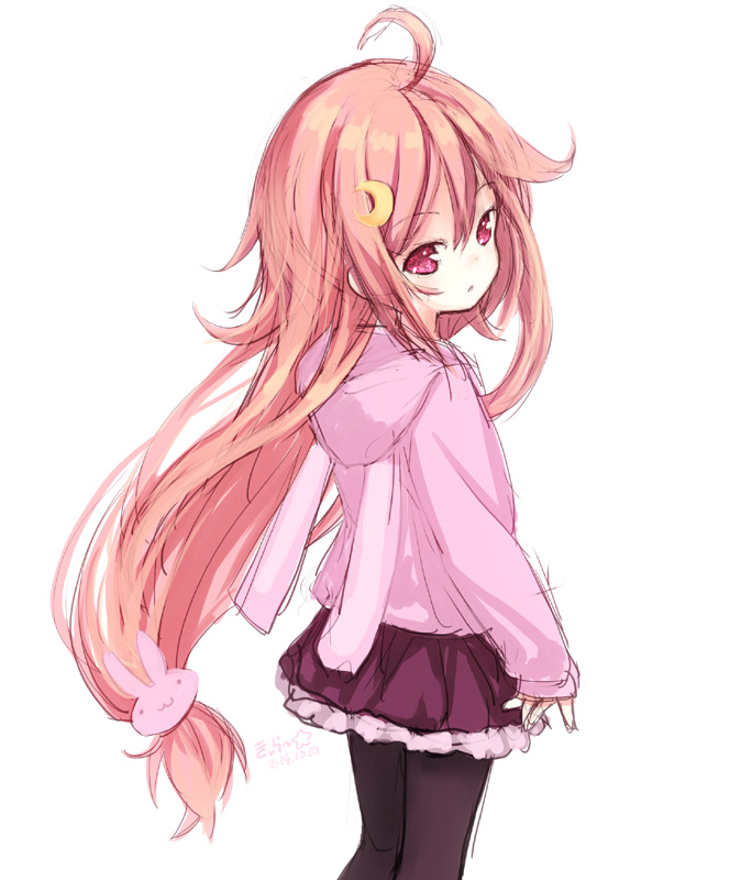 1girl, ahoge, animal_hood, black_legwear, bunny_hair_ornament, bunny_hood, crescent_hair_ornament, frilled_skirt