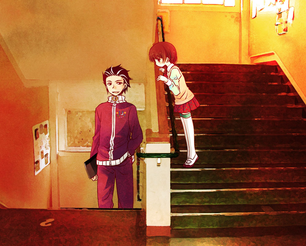 1boy, 1girl, braid, brown_eyes, brown_hair, hand_in_pocket, higanbana_no_saku_yoru_ni, izanami_(higanbana), juliet_sleeves, long_sleeves, multicolored_hair, pleated_skirt, puffy_sleeves, sakurazawa_izumi, single_braid, skirt, souma_aya_(higanbana), stairs, thigh-highs, track_suit, vest, white_legwear