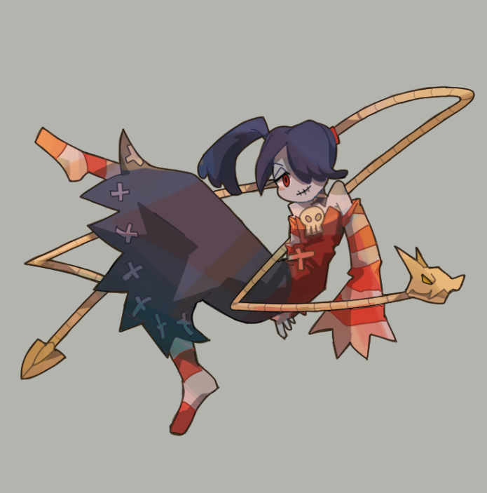 1girl, bare_shoulders, blue_skin, blush, collarbone, detached_sleeves, full_body, grey_background, hair_over_one_eye, heart, leviathan_(skullgirls), light_smile, long_hair, long_sleeves, no_nose, pantyhose, ponytail, purple_hair, purple_skirt, red_eyes, side_ponytail, simple_background, skirt, skull, skullgirls, sleeves_past_wrists, solo, squigly_(skullgirls), stitched_mouth, stitches, striped, striped_legwear, striped_sleeves, tori_(alpaca-alpaca), zombie