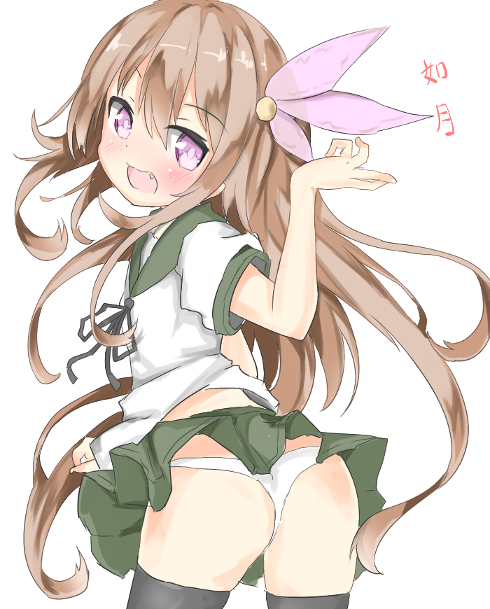 black_legwear, blush, brown_hair, character_name, fang, hair_ornament, kantai_collection, kisaragi_(kantai_collection)