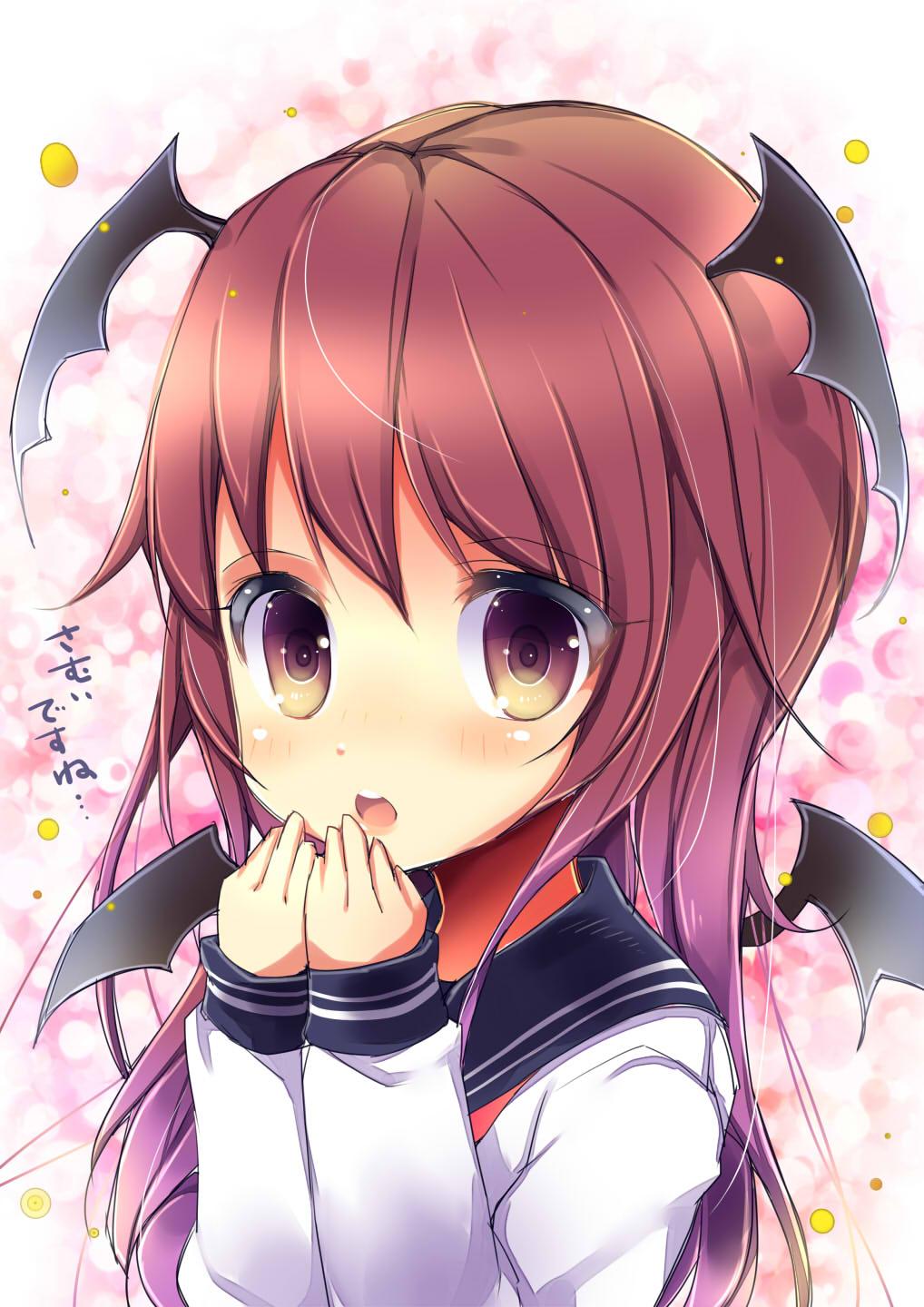 1girl, alternate_costume, bat_wings, brown_eyes, gradient_hair, hand_to_own_mouth, head_wings, highres
