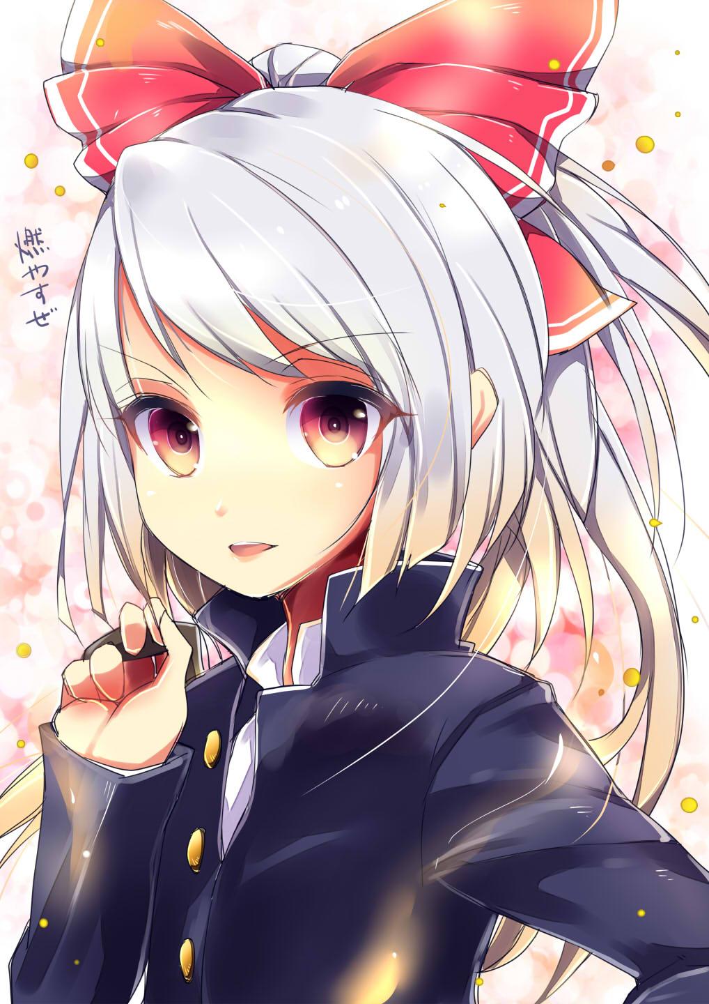 1girl, alternate_costume, bag, bust, fujiwara_no_mokou, gakuran, gradient_hair, hair_ornament, hair_ribbon, highres, long_hair, looking_at_viewer, multicolored_eyes, multicolored_hair, neckerchief, open_mouth, red_eyes, ribbon, school_bag, school_uniform, silver_hair, solo, touhou, uniform, uta_(kuroneko), yellow_eyes