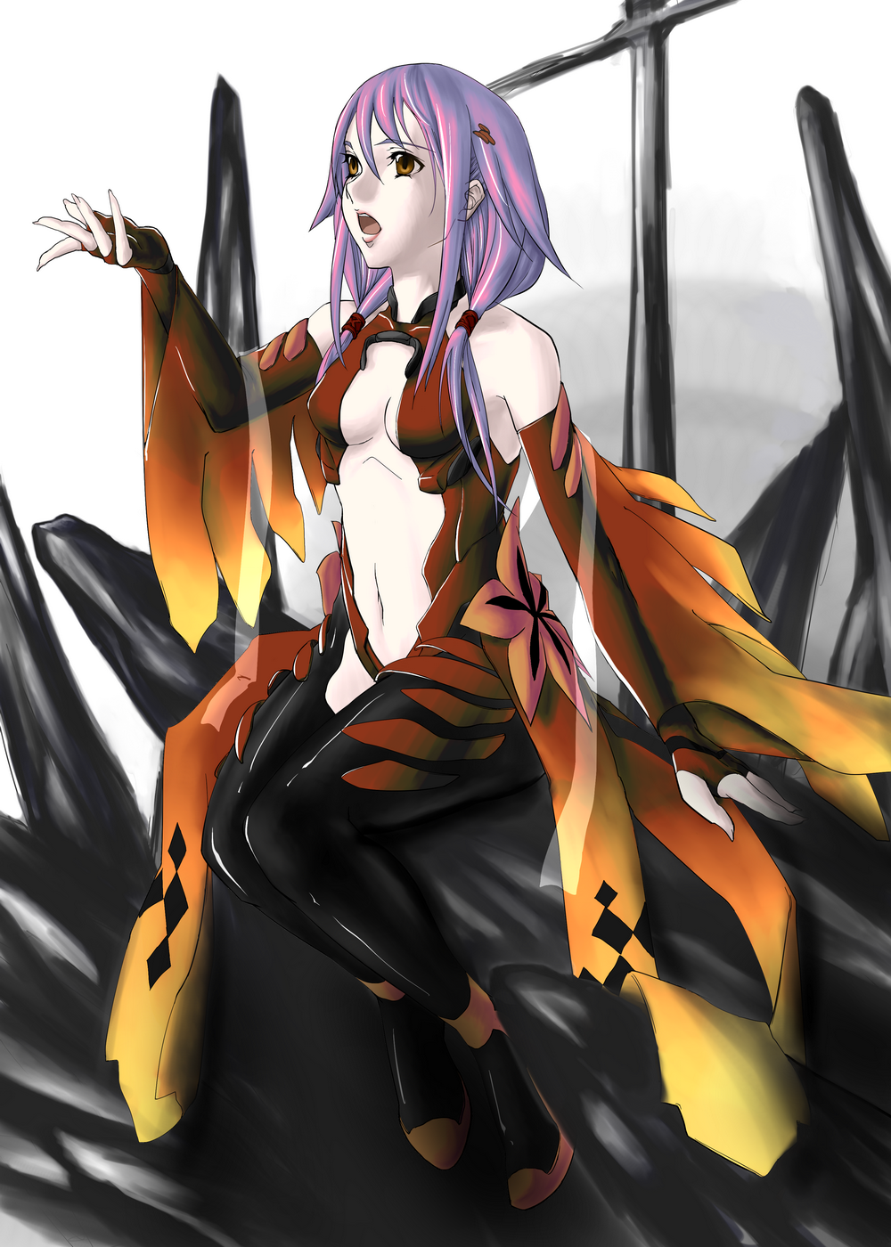 1girl, bare_shoulders, black_legwear, breasts, center_opening, cleavage, detached_sleeves, elbow_gloves