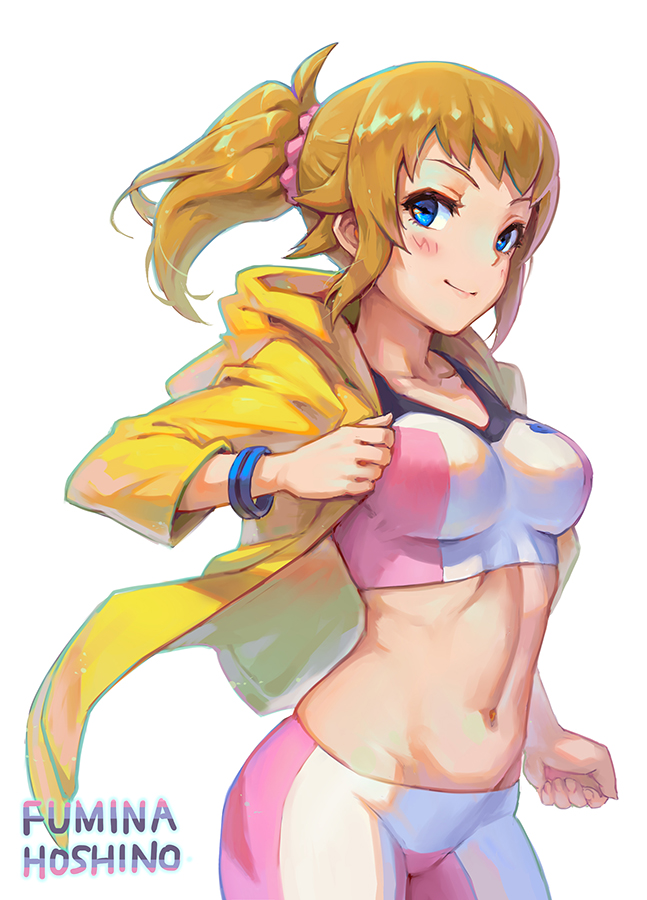 1girl, bike_shorts, blue_eyes, brown_hair, character_name, gou_(ga673899), gundam, gundam_build_fighters