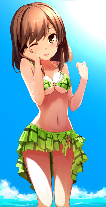 1girl, bikini, blush, breasts, brown_eyes, brown_hair, clouds, collarbone