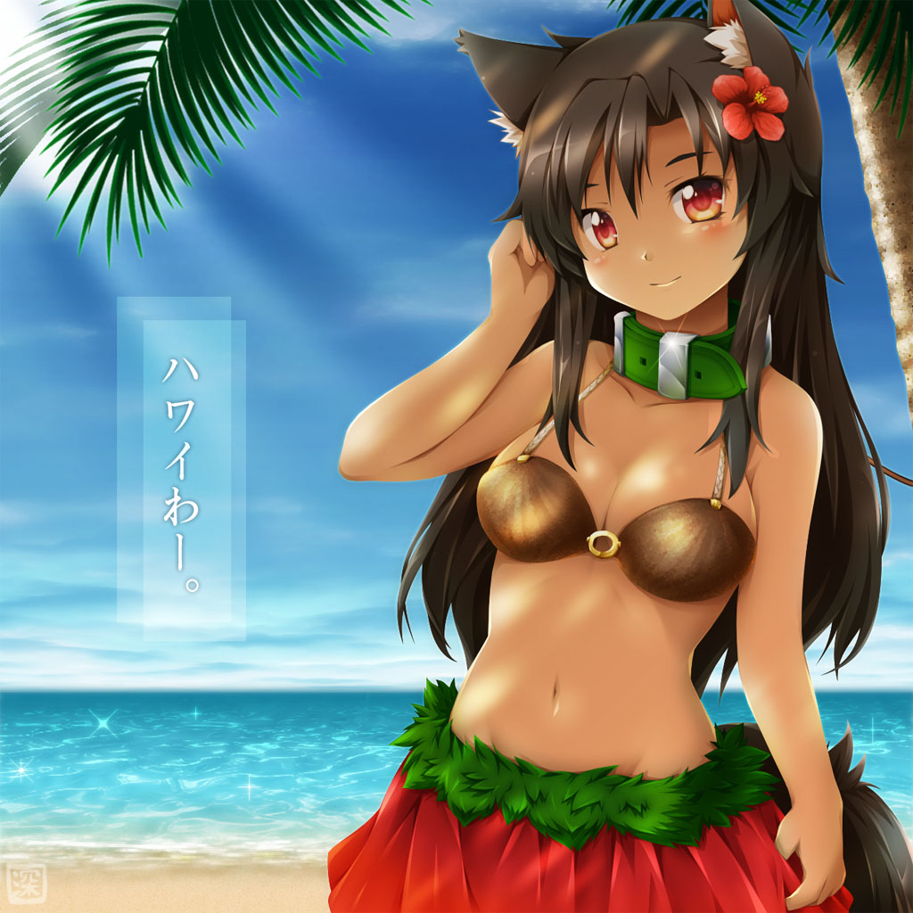 1girl, alternate_costume, animal_ears, beach, blush, breasts, brown_hair, collar