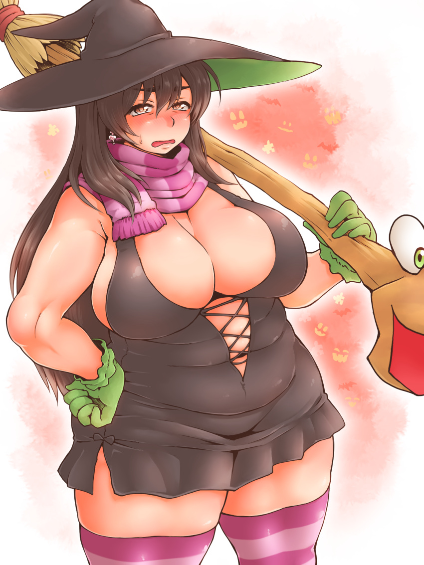1girl, belly, blush, breasts, broom, brown_hair, cleavage, costume