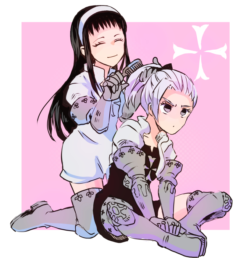 2girls, armor, black_hair, closed_eyes, guila, hair_brush, hairband, jericho_(nanatsu_no_taizai)