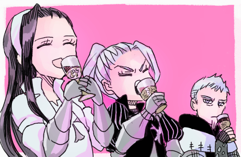 2girls, armor, black_hair, closed_eyes, drinking, guila, hairband, hendricksen