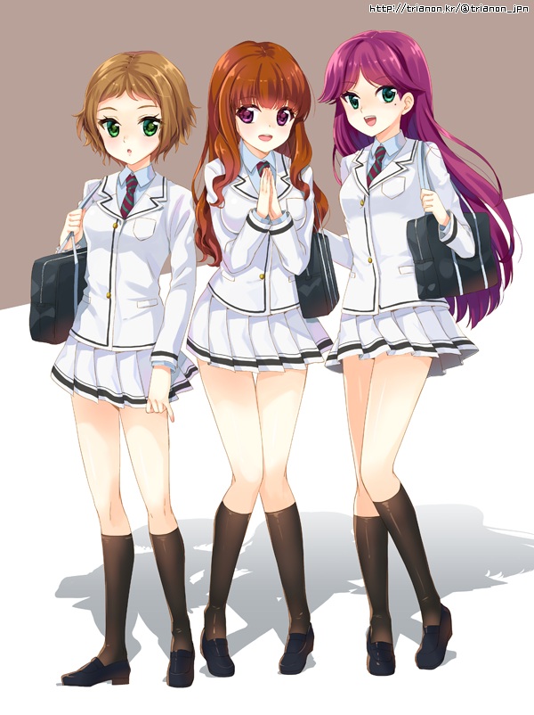 3girls, a-rise, bag, blush, brown_hair, green_eyes, kira_tsubasa, long_hair, looking_at_viewer, love_live!_school_idol_project, mole, multiple_girls, open_mouth, purple_hair, school_bag, school_uniform, short_hair, skirt, smile, toudou_erena, trianon, violet_eyes, yuuki_anju