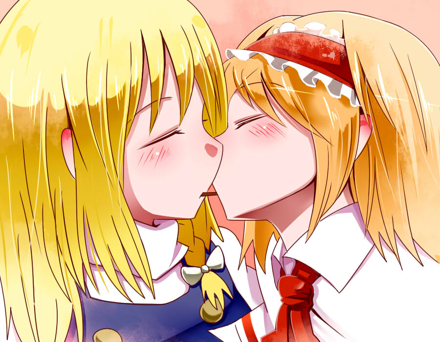 2girls, alice_margatroid, ascot, blonde_hair, blush, braid, closed_eyes, hairband