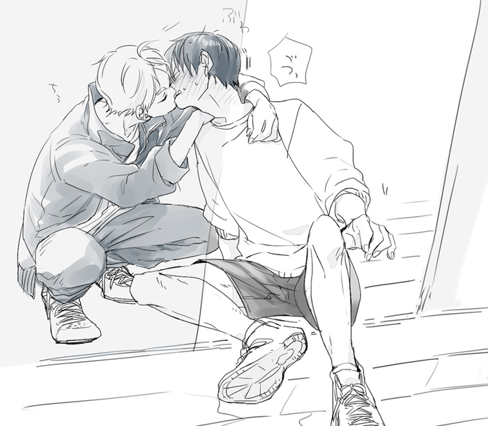 2boys, arm_support, black_hair, blush, greyscale, haikyuu!!, jacket, kageyama_tobio