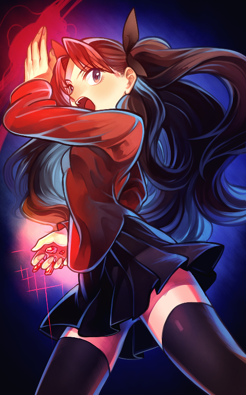 1girl, between_fingers, black_hair, blue_eyes, fate/stay_night, fate_(series), gem, hair_ribbon