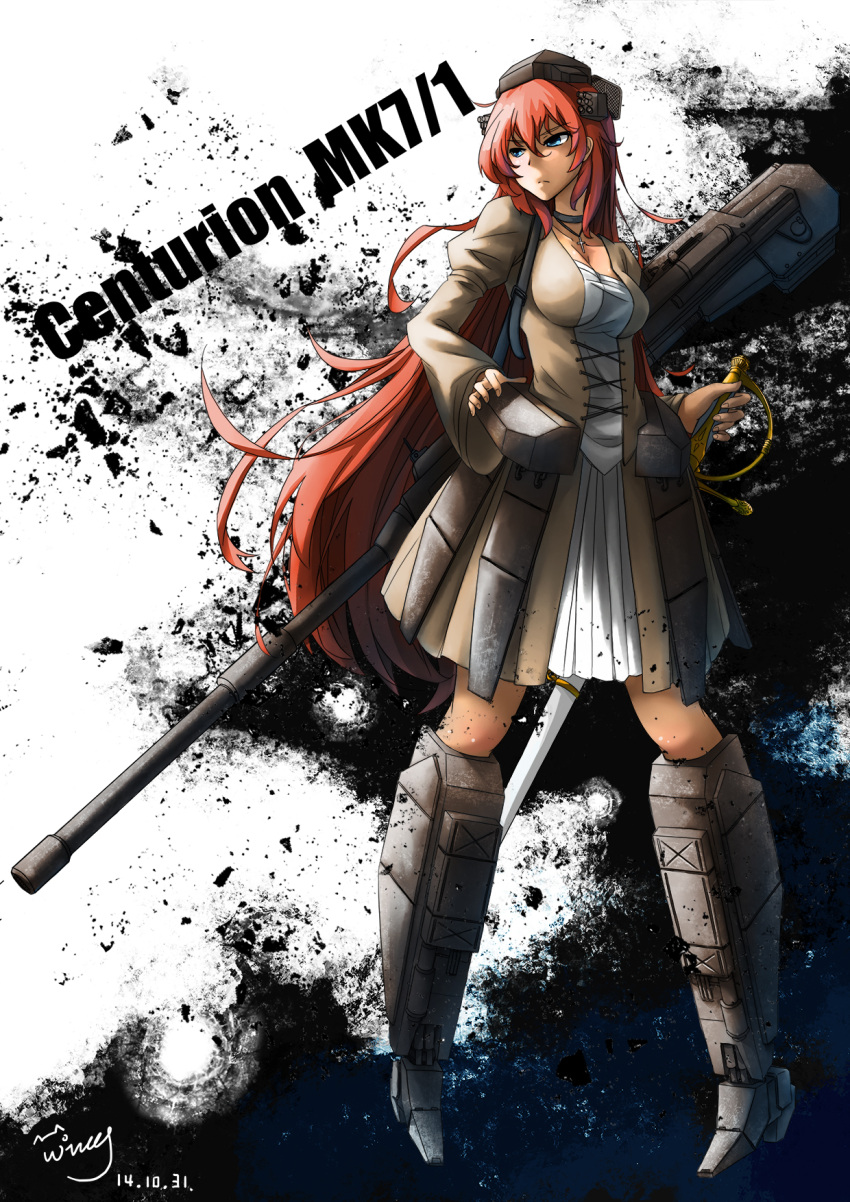 1girl, armor, armored_dress, blue_eyes, boots, breasts, cannon, centurion_(tank)