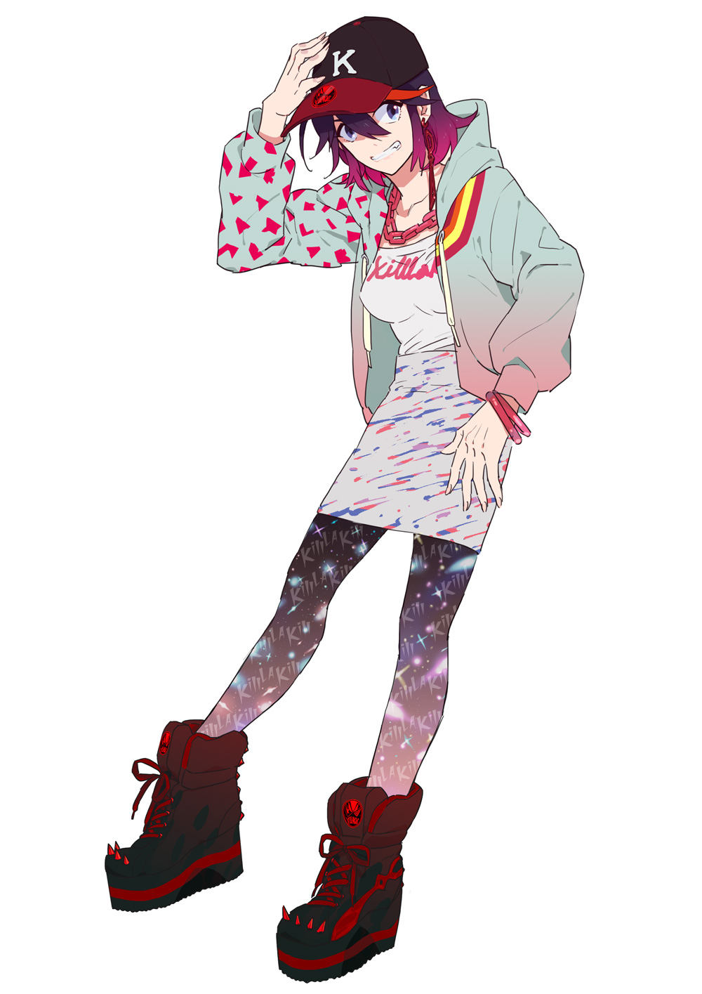 1girl, baseball_cap, bracelet, chain_necklace, earrings, fashion, grin, hat, highres, hoodie, ichiko_(kimini), jewelry, kill_la_kill, matoi_ryuuko, pantyhose, scissor_blade, senketsu, shoes, short_hair, skirt, smile, sneakers, solo, white_background