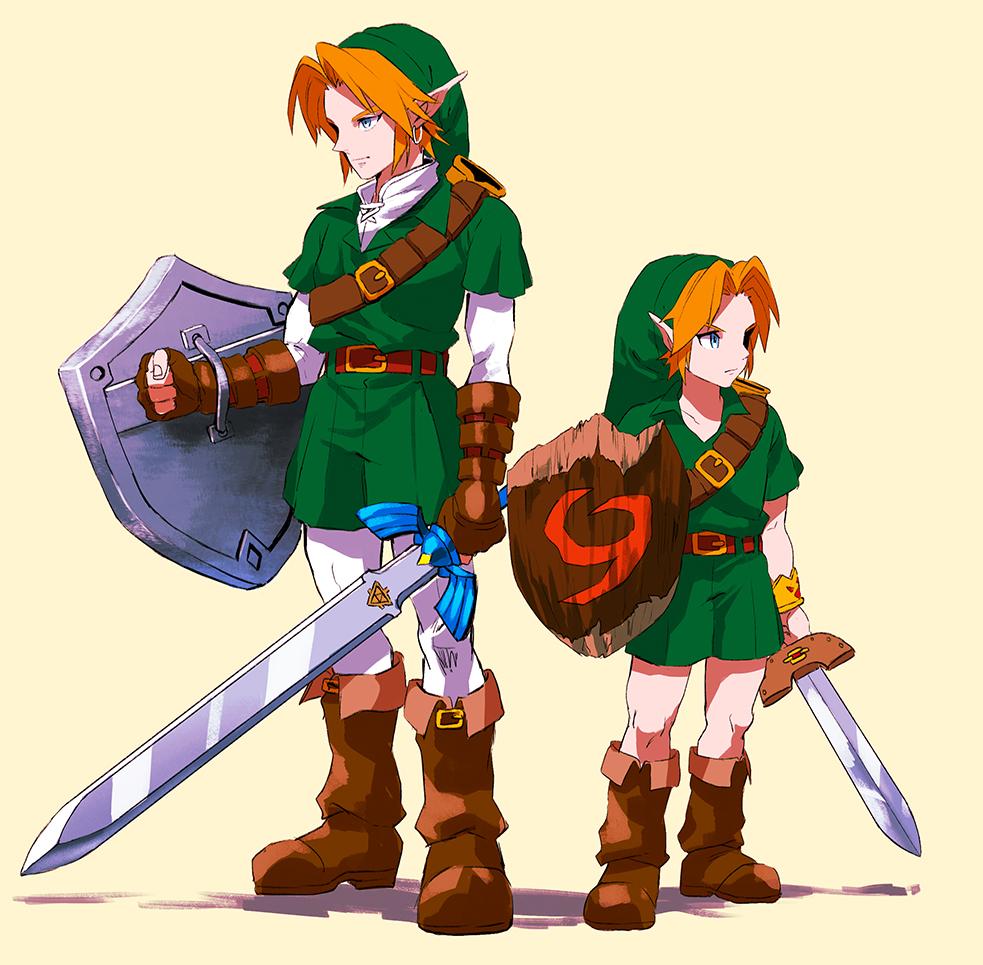blonde_hair, blue_eyes, bracelet, dual_persona, earrings, gloves, hat, jewelry, link, noaki, ocarina_of_time, pointy_ears, shield, sword, the_legend_of_zelda, weapon, young_link