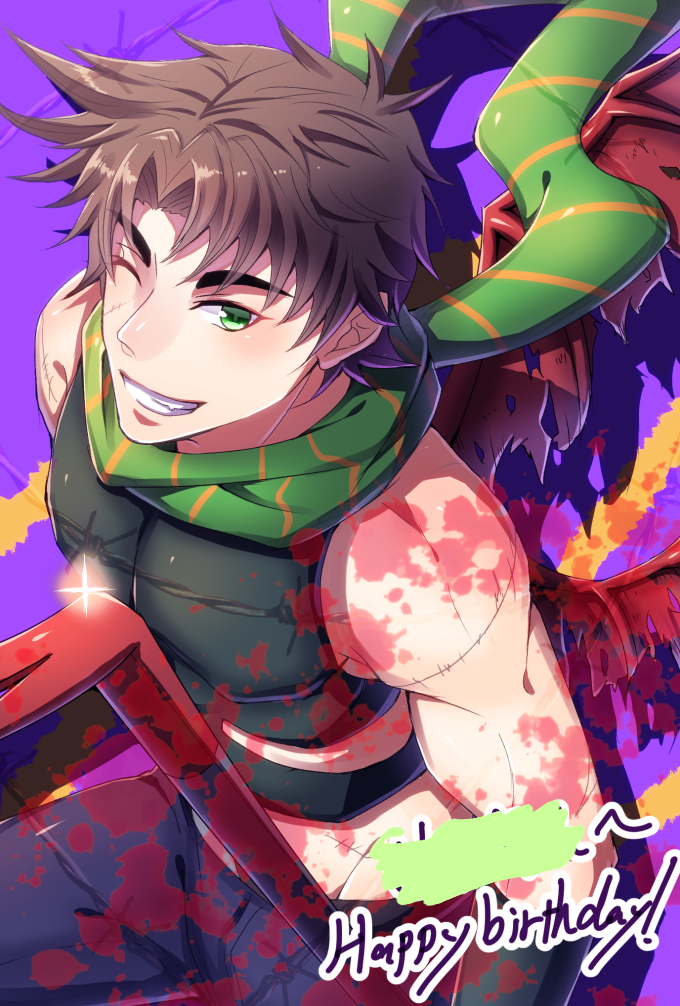 1boy, barbed_wire, blood, blood_splatter, brown_hair, crowbar, fang, green_eyes