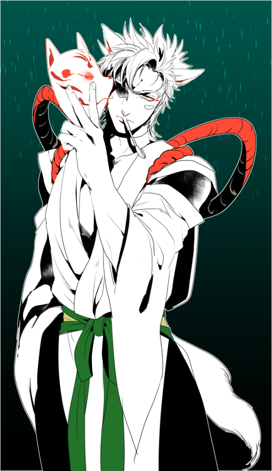 1boy, animal_ears, caesar_anthonio_zeppeli, fox_ears, fox_mask, holding_mask, japanese_clothes, jojo_no_kimyou_na_bouken