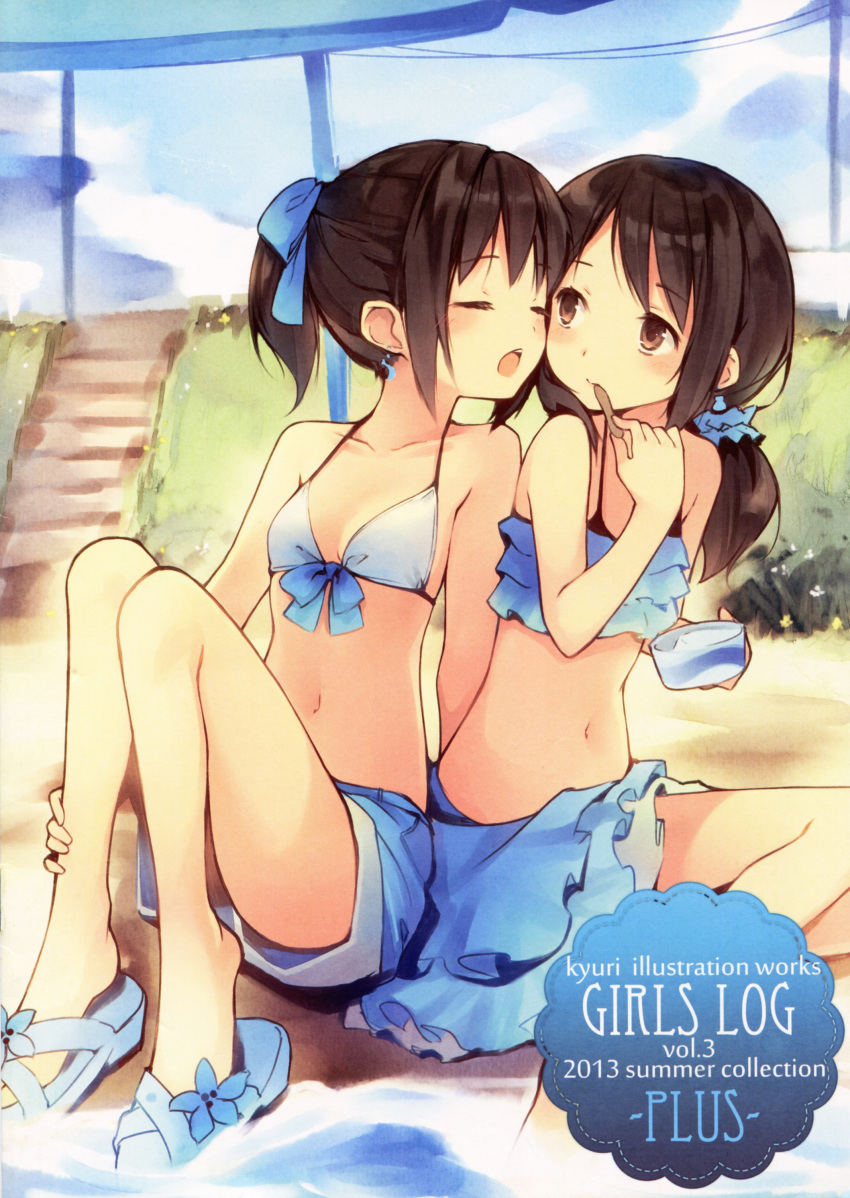 2girls, :o, absurdres, barefoot, beach_umbrella, bikini, brown_eyes, brown_hair