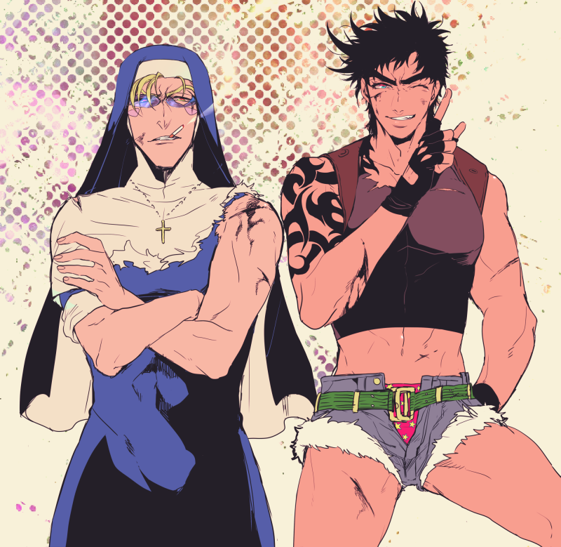 2boys, black_hair, black_lagoon, blonde_hair, blue_eyes, caesar_anthonio_zeppeli, cigarette, cosplay, cross, cross_necklace, denim, denim_shorts, eda_(black_lagoon)_(cosplay), facial_mark, green_eyes, gun, habit, jewelry, jojo_no_kimyou_na_bouken, joseph_joestar_(young), midriff, multiple_boys, necklace, nun, revy_(black_lagoon), revy_(black_lagoon)_(cosplay), s_gentian, shorts, sunglasses, tattoo, torn_clothes, weapon