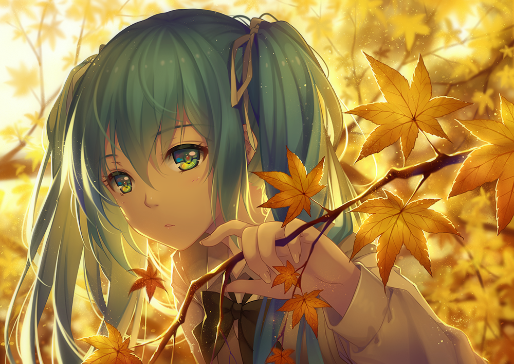 1girl, aqua_eyes, aqua_hair, autumn, autumn_leaves, backlighting, bust, evening