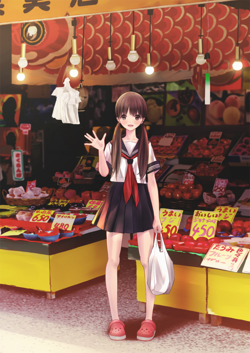 1girl, apple, bag, blush, brown_eyes, brown_hair, chikuwa_(glossymmmk), crocs