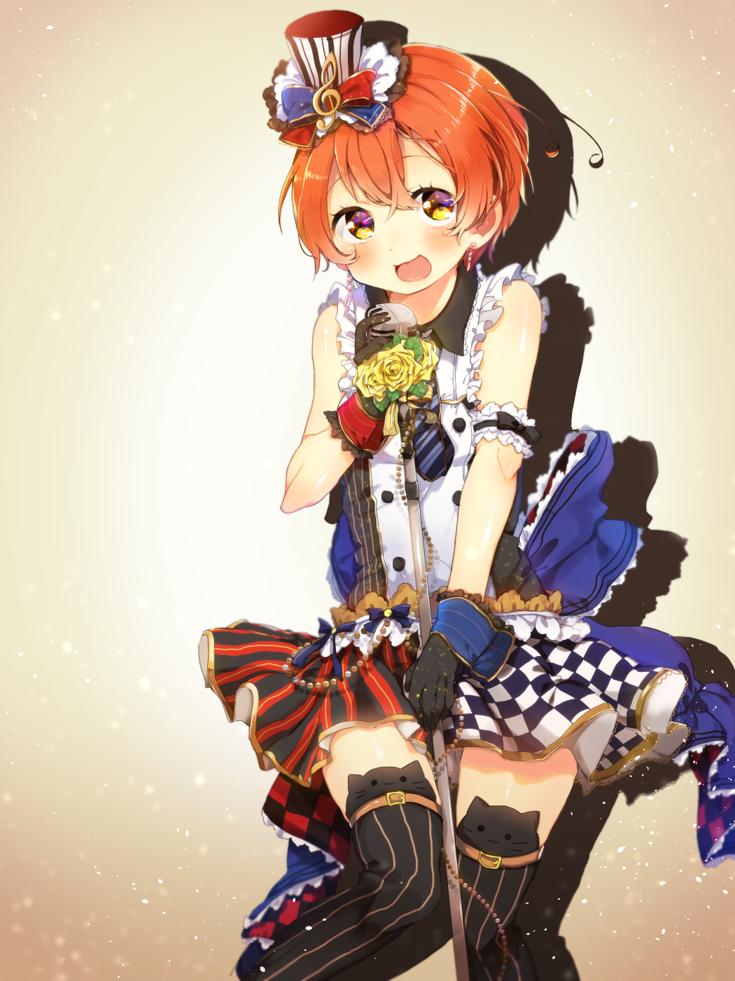 1girl, black_gloves, black_legwear, blush, checkered, checkered_skirt, earrings, gloves