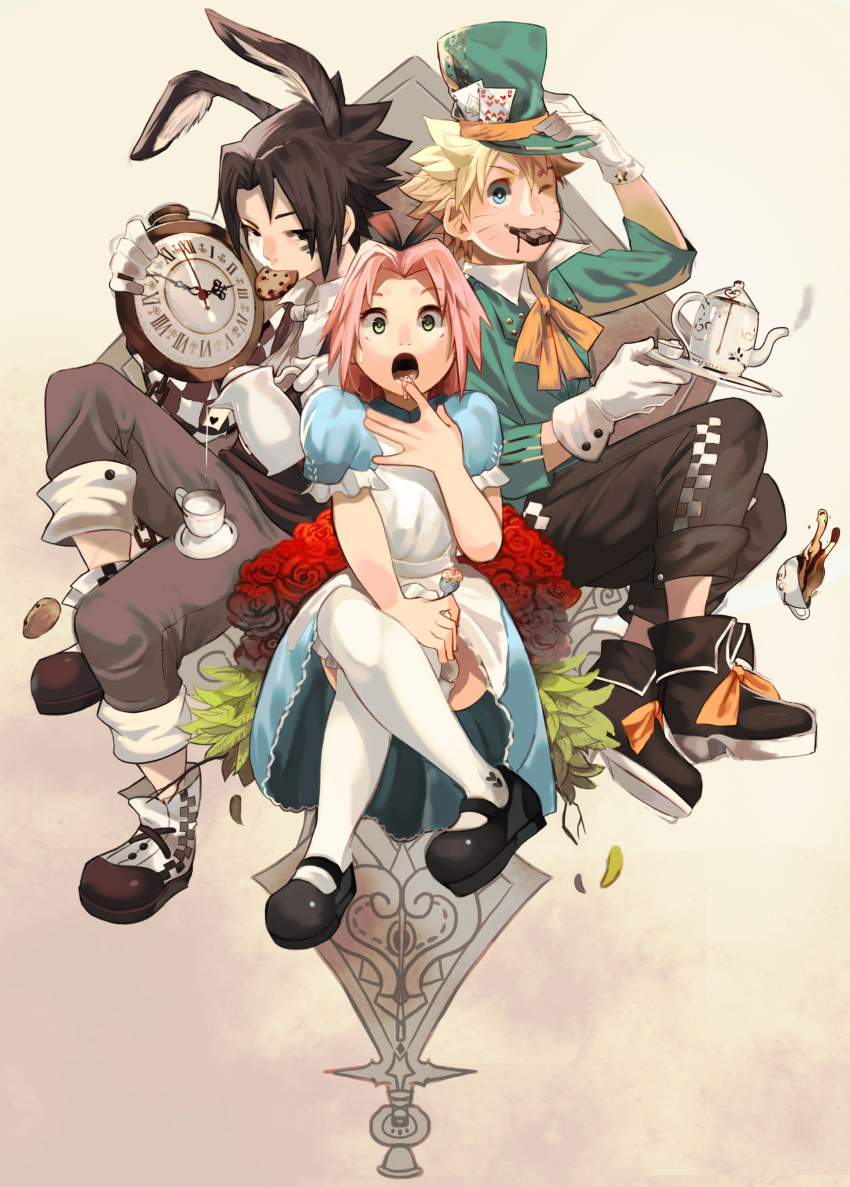 1girl, 2boys, absurdres, alice_(wonderland), alice_(wonderland)_(cosplay), alice_in_wonderland, animal_ears, black_hair