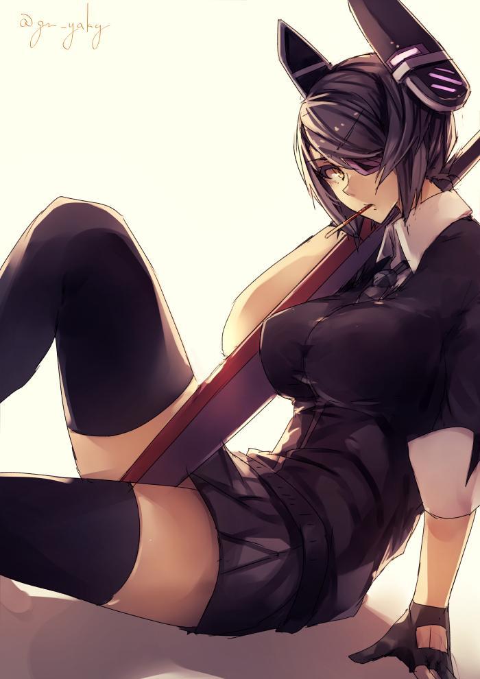 1girl, arm_support, black_hair, black_legwear, breasts, cardigan, eyepatch, fingerless_gloves, gloves, headgear, kantai_collection, kyouya_(mukuro238), large_breasts, looking_at_viewer, mouth_hold, pocky, pocky_day, short_hair, sitting, skirt, solo, sword, tenryuu_(kantai_collection), thigh-highs, twitter_username, weapon, yellow_eyes