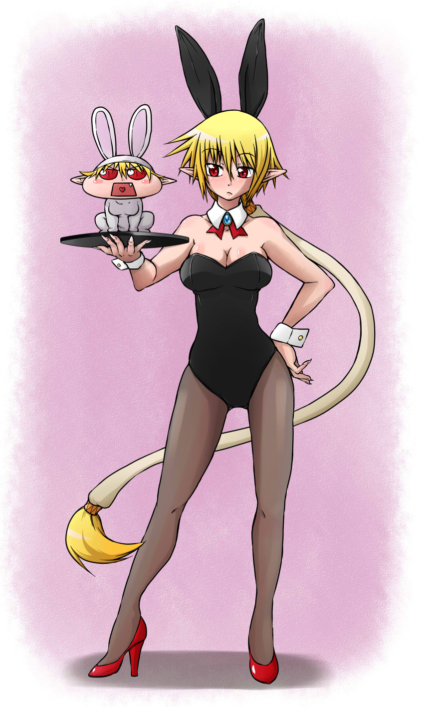 absurdres, animal_costume, animal_ears, blonde_hair, blush, breasts, bunny_costume, bunny_girl, bunnysuit, cleavage, dual_persona, fang, frown, hand_on_hip, hanyapunifu, heart, heart_in_mouth, high_heels, highres, hiren_(hanyapunifu), long_hair, nail, original, pantyhose, pointy_ears, ponytail, rabbit_ears, red_eyes, red_shoes, shoes, tray, very_long_hair, wrist_cuffs