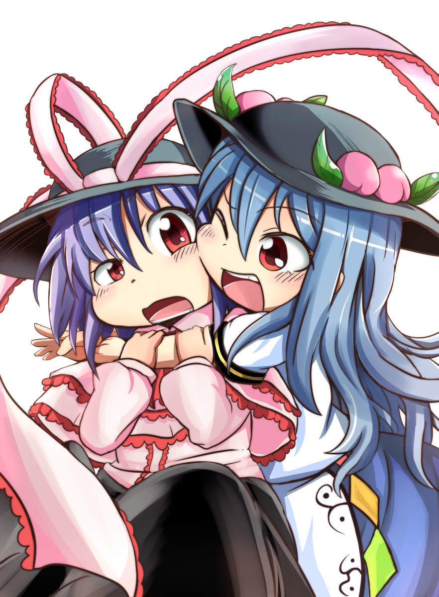 2girls, ;d, blue_hair, blush, capelet, chibi, d:, dress