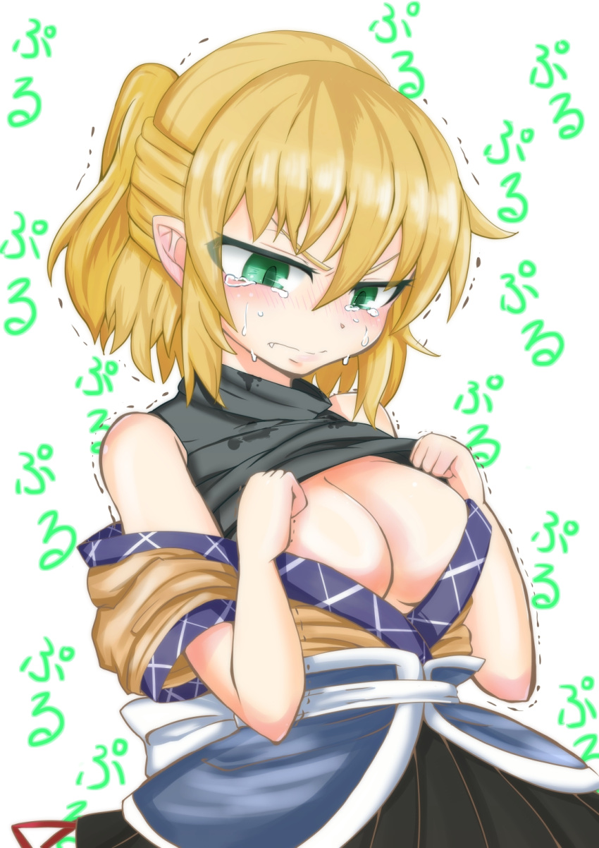 1girl, angry, blonde_hair, blush, breasts, cleavage, crying, eyes_visible_through_hair