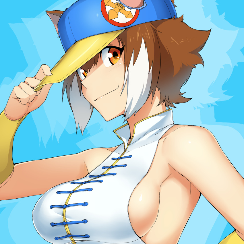 1girl, adjusting_clothes, adjusting_hat, animal_ears, bare_shoulders, baseball_cap, blazblue, breasts