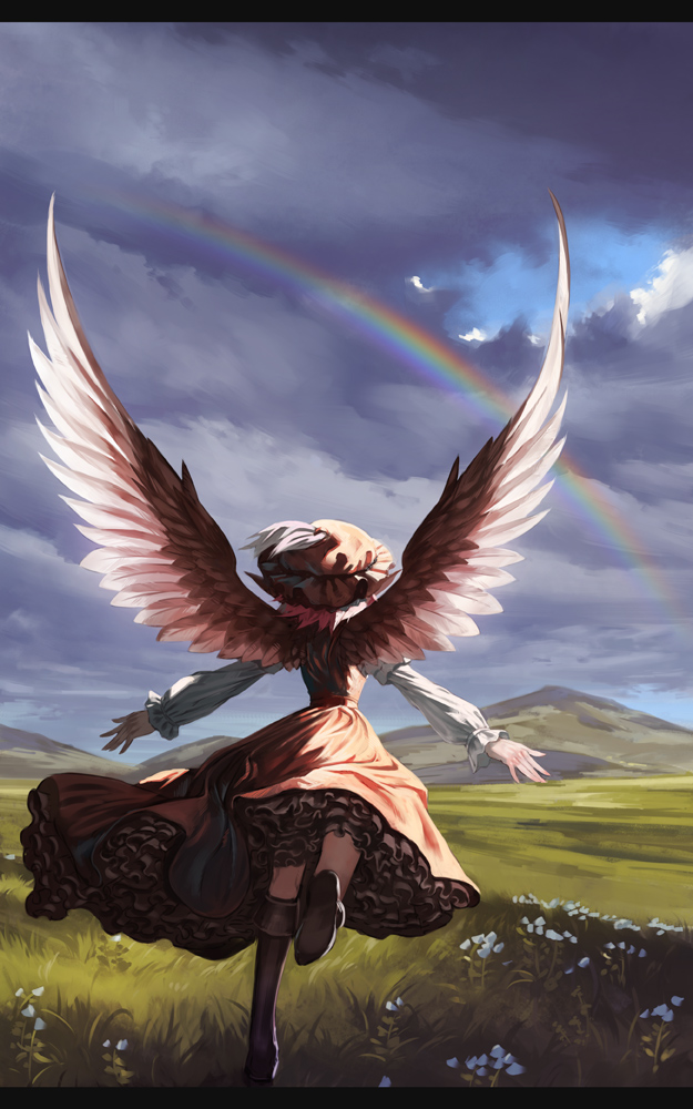 1girl, animal_ears, bird_wings, boots, brown_dress, clouds, cloudy_sky, dress