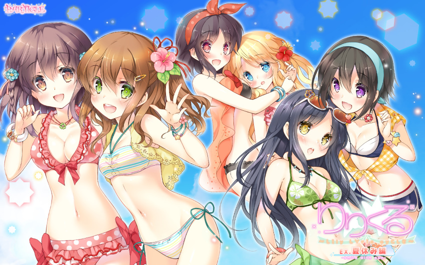 6+girls, blue_eyes, bracelet, brown_eyes, brown_hair, cleavage, everyone, frills