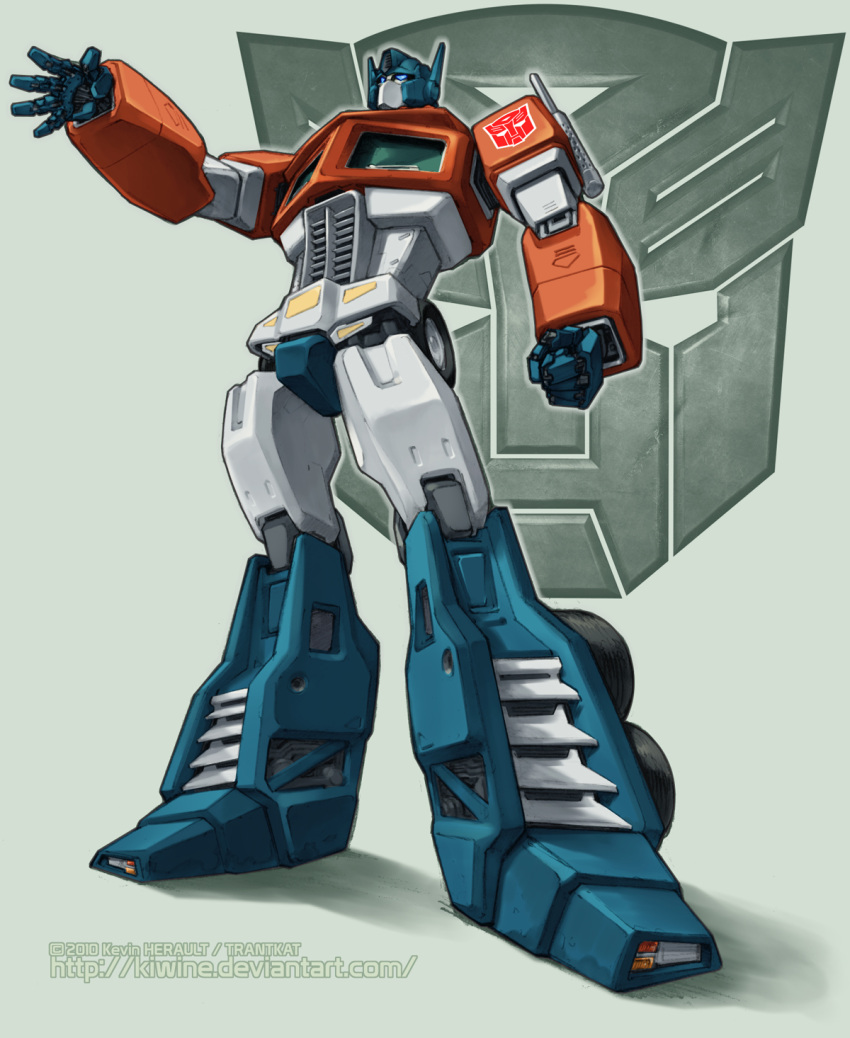 2010, 80s, antennae, autobot, background, canon, dated, hands, highres, kiwine, logo, mecha, no_humans, oldschool, optimus_prime, robot, science_fiction, transformers, watermark, web_address, wheels