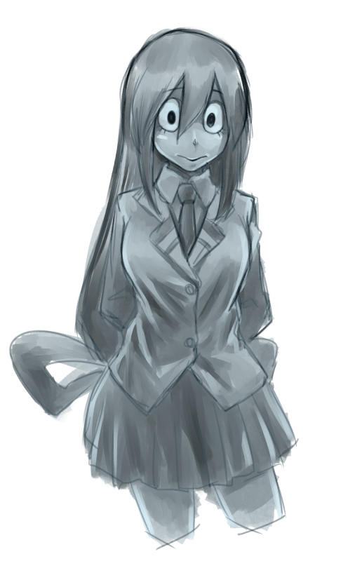 1girl, arms_behind_back, asui_tsuyu, boku_no_hero_academia, borderbreak, cardigan, cropped_legs, long_hair, monochrome, skirt, solo