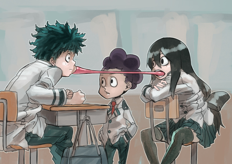 1girl, asui_tsuyu, black_eyes, black_hair, boku_no_hero_academia, borderbreak, long_hair, midoriya_izuku