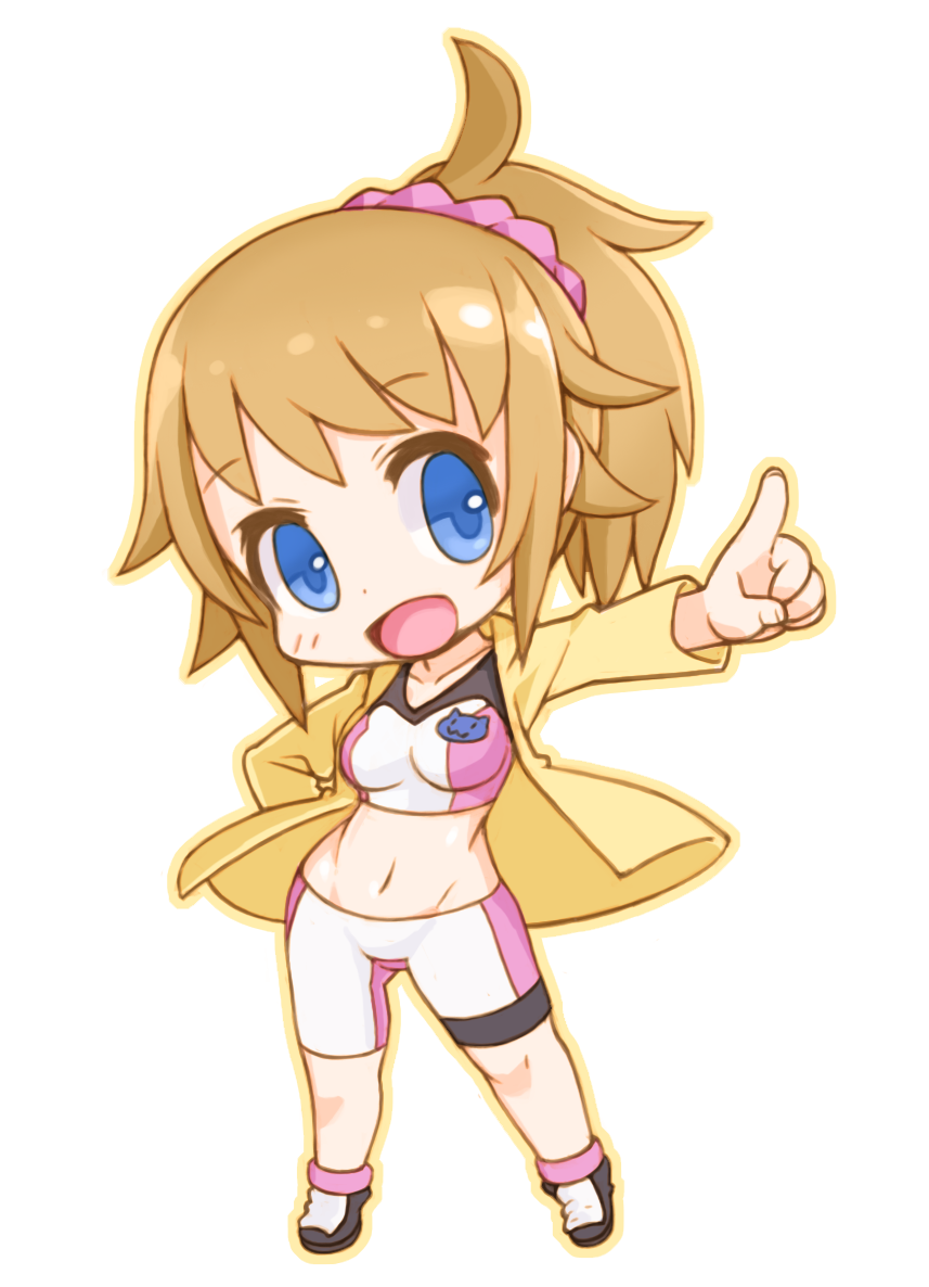 1girl, :d, bike_shorts, blue_eyes, brown_hair, chibi, gundam, gundam_build_fighters