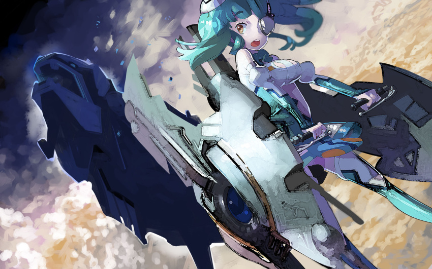 1girl, darius, eyepatch, green_hair, highres, king_fossil, necktie, orange_eyes