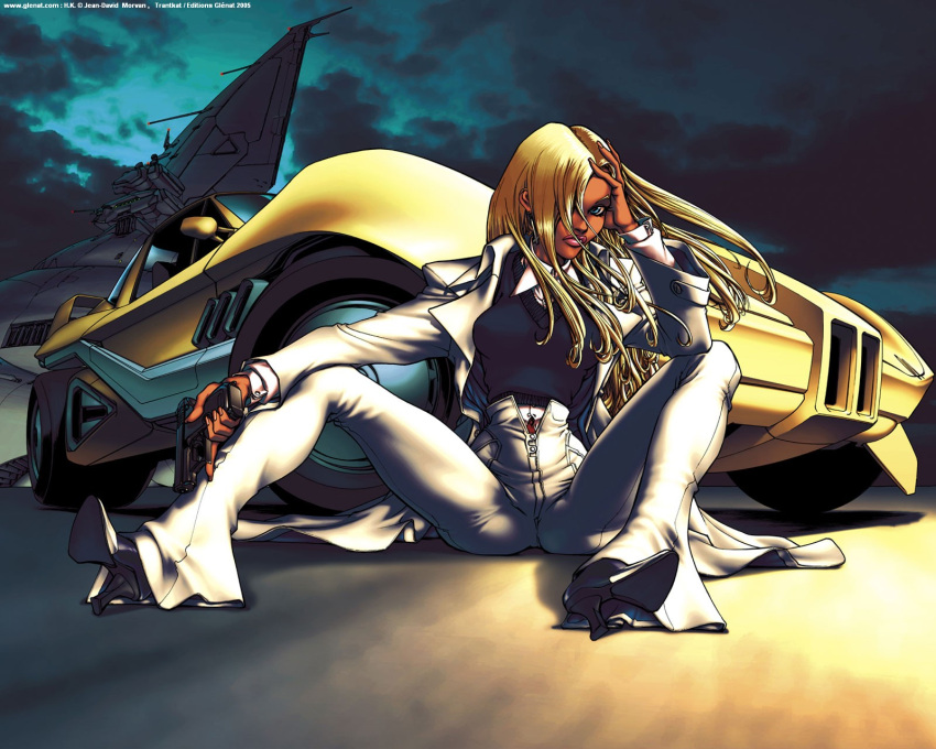 1girl, aircraft, ankle_boots, ass, background, blonde_hair, blouse, blue_eyes