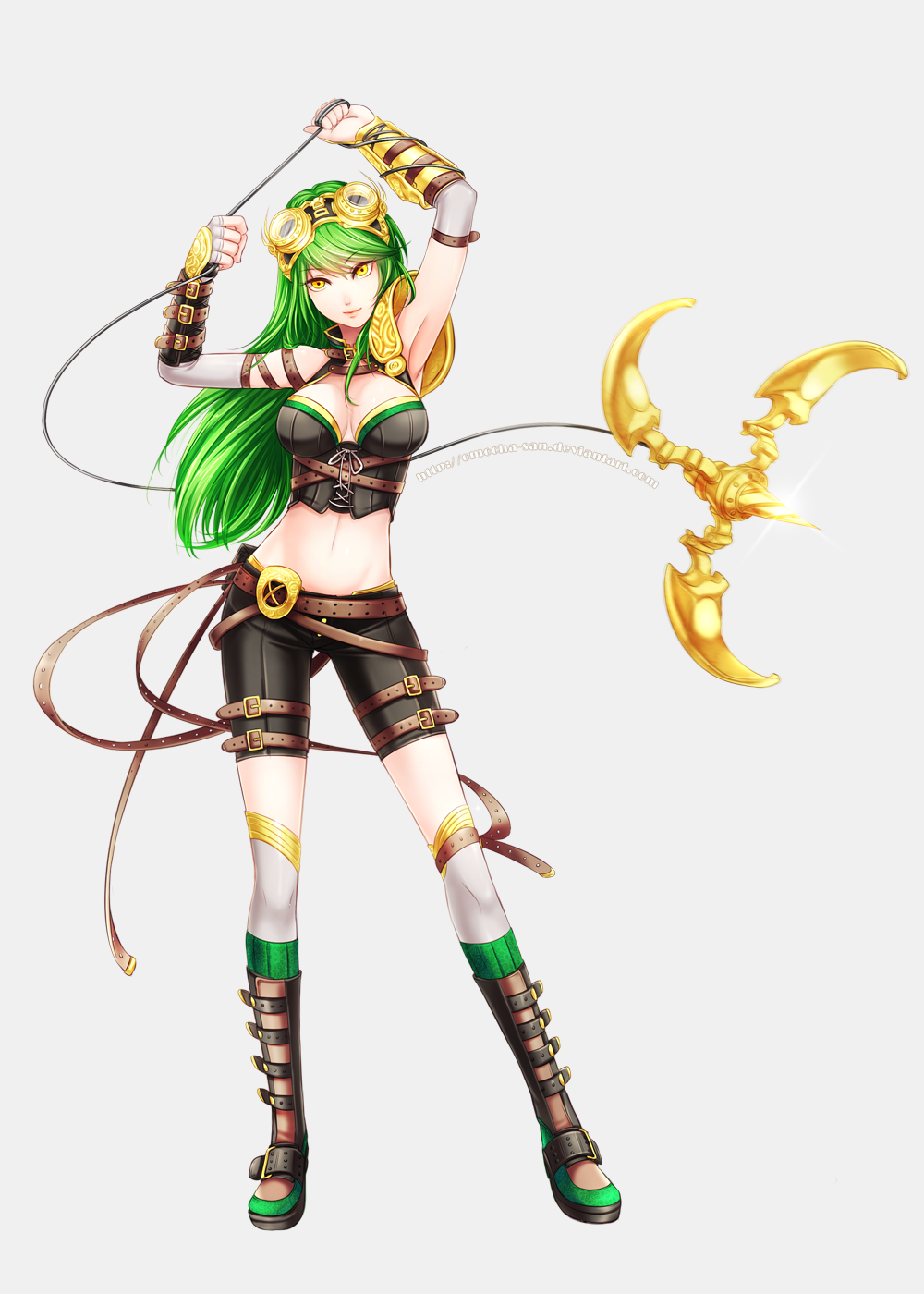 1girl, armpits, belt, boots, borrowed_character, breasts, cleavage, elbow_gloves