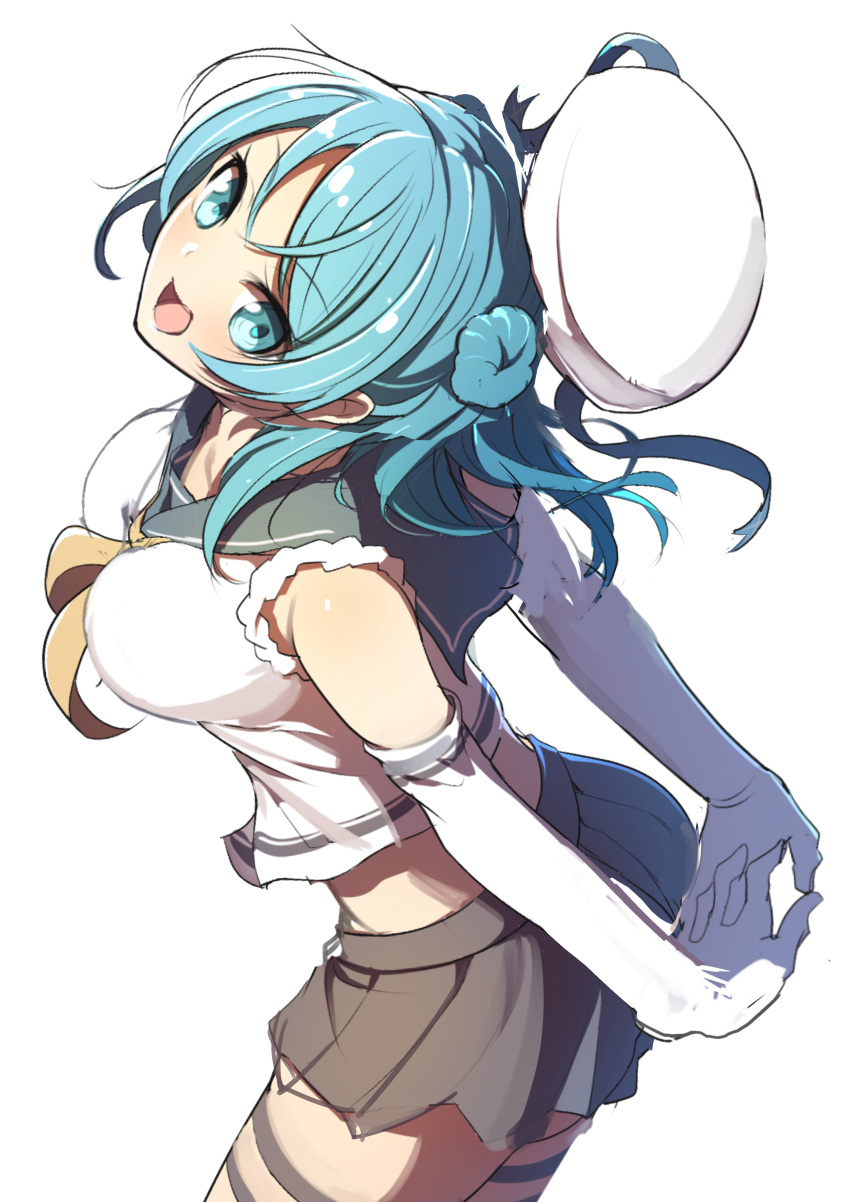 1girl, :d, absurdres, arms_behind_back, beret, blue_eyes, blue_hair, breasts