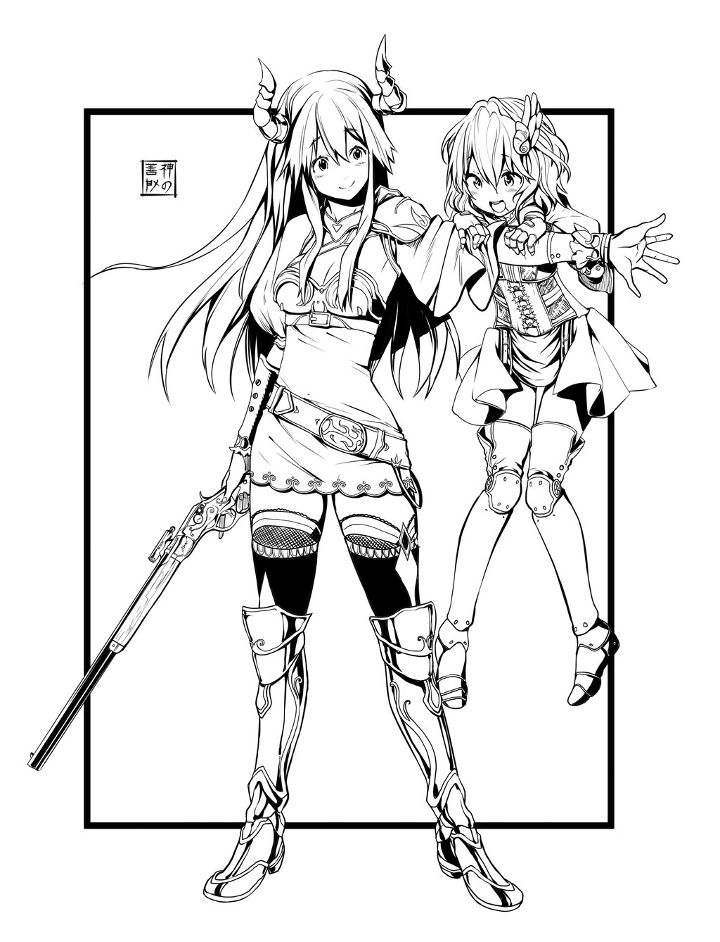 2girls, alpha_(acerailgun), belt, boots, borrowed_character, breasts, cleavage, dress