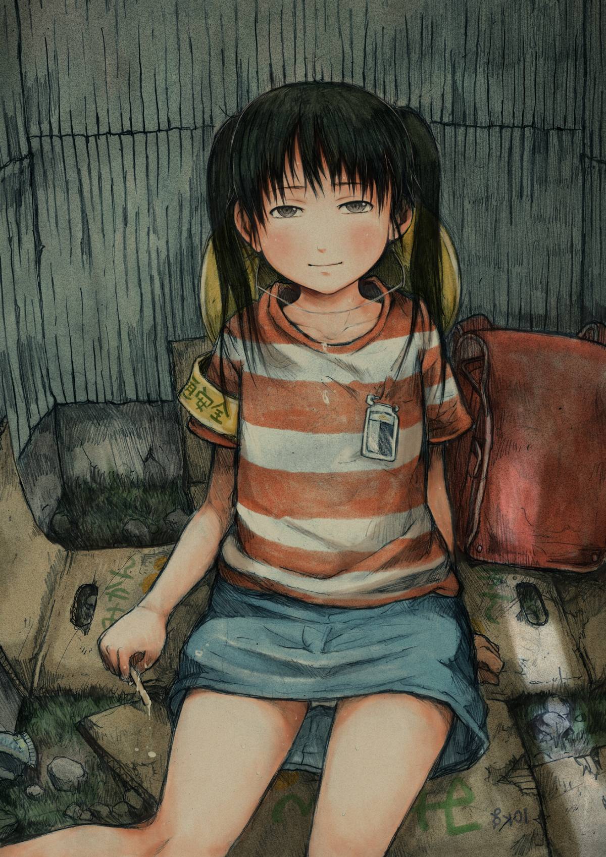 backpack, bag, black_hair, box, brown_eyes, cardboard_box, child, gomennasai