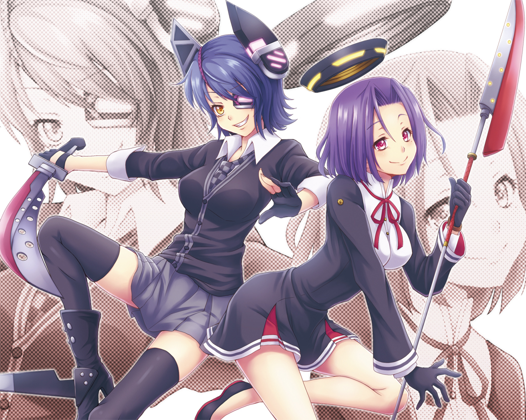 2girls, black_dress, black_gloves, black_legwear, black_skirt, boots, cardigan, checkered_necktie